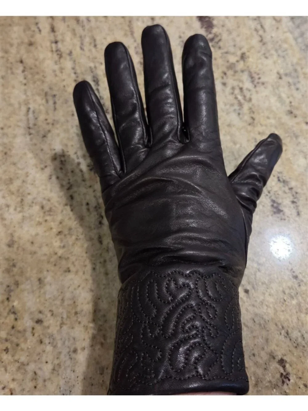 Womens Size M/L Brown Leather Fleece Lined Gloves Scroll Embroidered